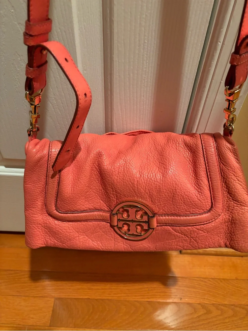 Tory Burch Coral Pink Leather Shoulder Bag with Logo Accent and Adjustable Strap